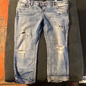 Womens Silver Aiko capri jeans. 34/24. Factory distressed.